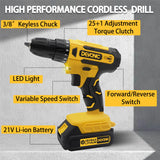 DEVONIC Cordless Drill Set,21V Electric Drill with 1 Lithium Battery and Charger,3/8"Keyless Chuck,25+1 Torque Setting and 28pcs Drill Screwdriver Bits XGOLD