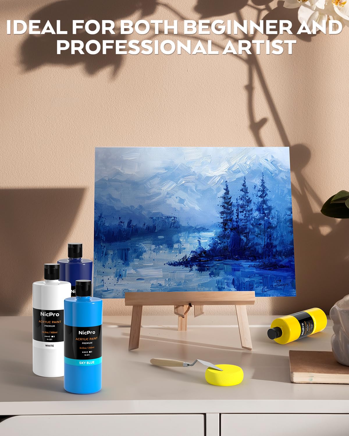 Nicpro 24 Colors Large Bulk Acrylic Paint Set (8.45 oz,250 ml) Non Toxic Artist Painting Supplies for Multi Surface Canvas, Wood, Fabric Leather, Rock, Glass, Paper, Crafts, Hobby with Color Wheel Nicpro