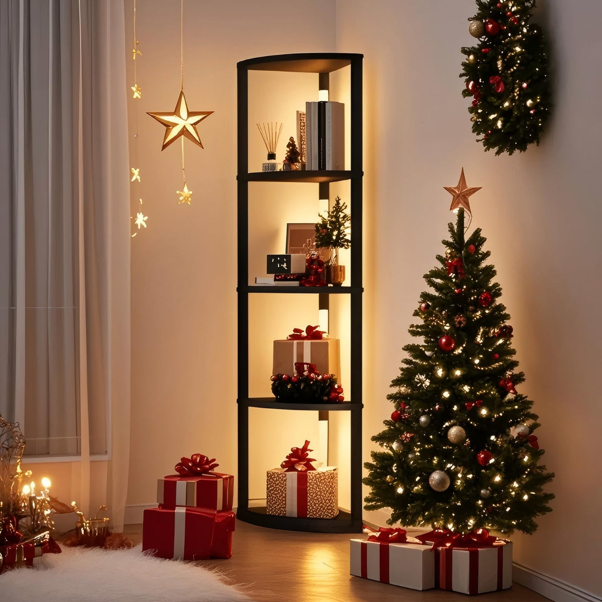 VILICK Corner Shelf with Light 5 Tier Tall Standing Shelf Dimmable Corner Floor Lamp with Shelves LED Corner Bookshelf Display Cabinet Shelf for Living Room, Bedroom, Home Decor VILICK