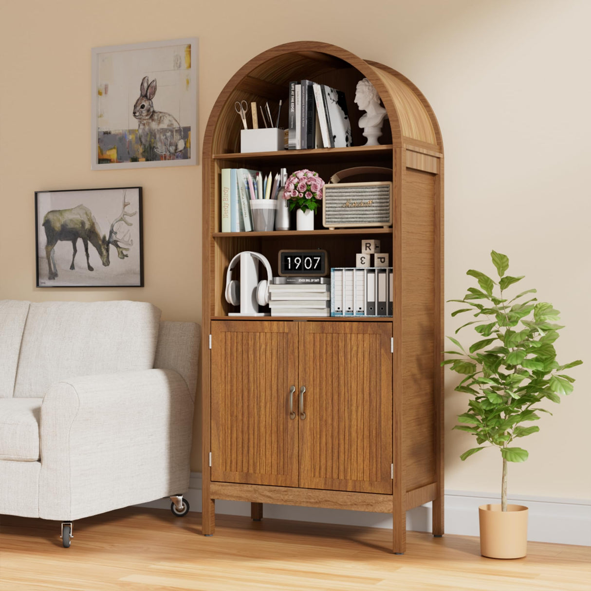 Lxsxlome 70.9" Arched Bookcase Bookshelf with Fluted Doors,5 Tier Mid-Century Modern Bookshelf Storage Cabinet,Wood Standing Tall Bookcase with Open Display Shelf for Home Office Living Room Bedroom Lxsxlome