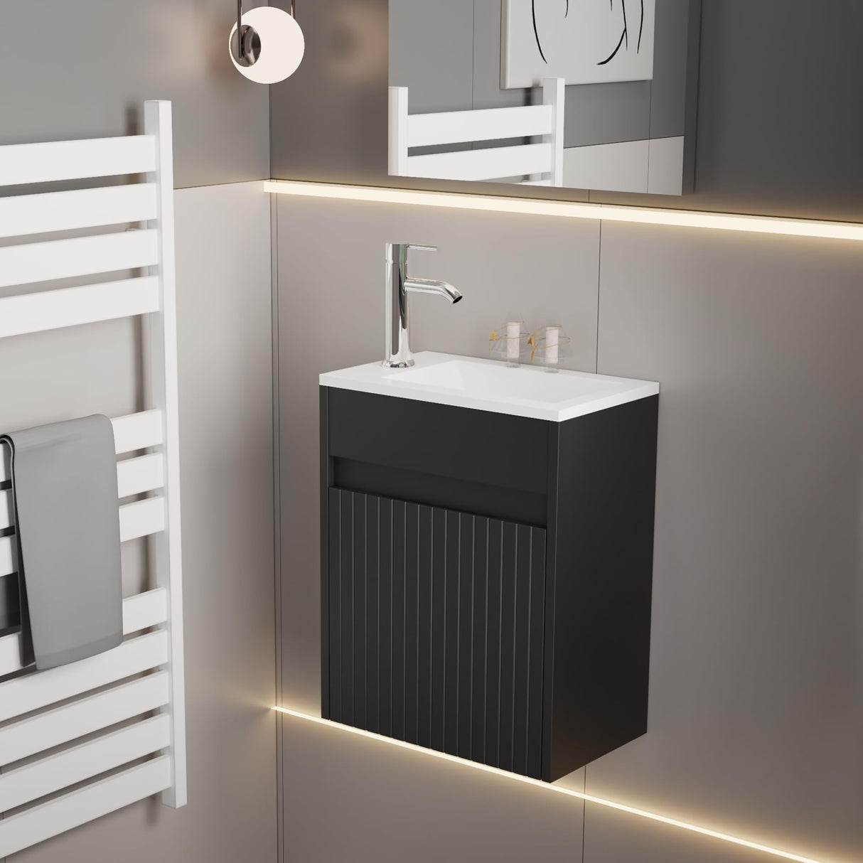 eclife 16" Small Bathroom Vanity Sink Combo, Modern Painted Wall Mounted Floating Cabinet W/Decoration Lines, Resin Basin Sink Top, Chrome Water Save Faucet & Pop Up Drain (Piano Black) eclife