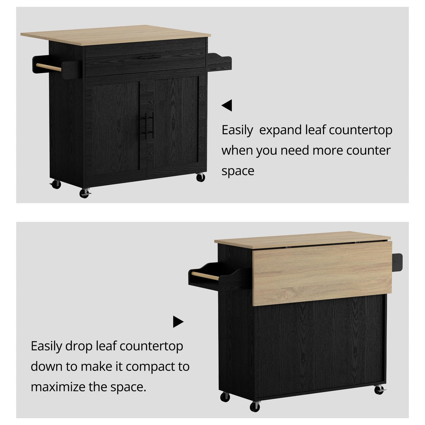 Rolling Black Kitchen Island Cart with Drop Leaf, Storage Cabinet & Spice Rack by IRONCK - WoodArtSupply