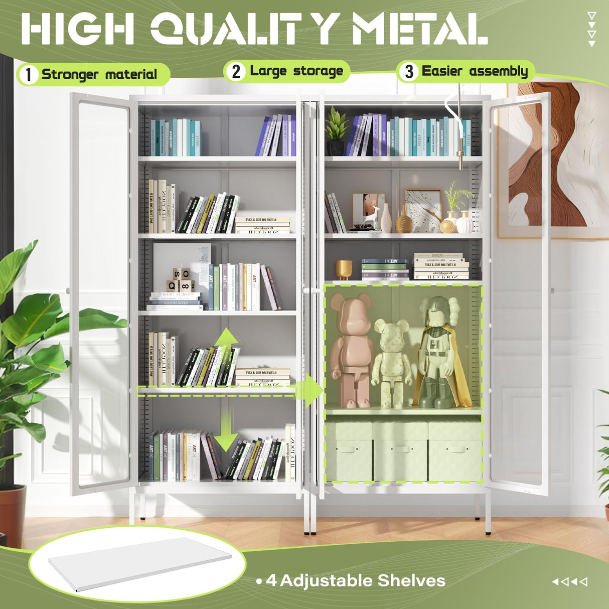 Oakcloud 67" Metal Glass Display Cabinet, Storage Cabinet for Collectibles, Curio, China, Books, Display Case with Glass Doors and 4 Adjustable Shelves for Home Office, Living Room, Pantry (White) Oakcloud