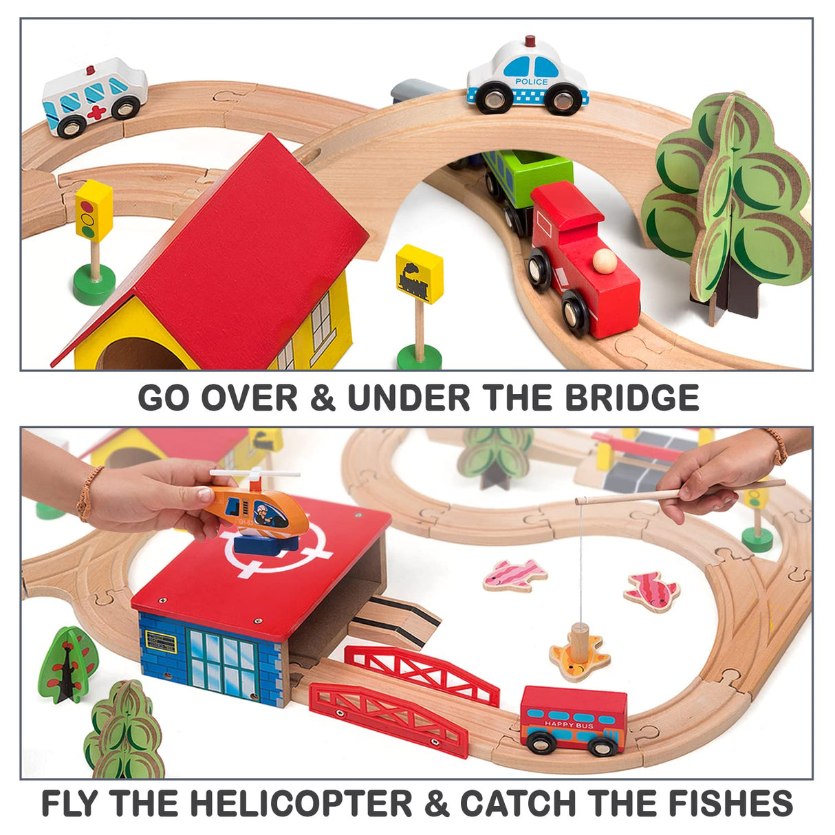 KipiPol Train Set - 69 Pieces Wooden Train Tracks & Trains for Kids, Toddler Boys and Girls 3,4,5 Years Old and Up– Premium Wood Construction Toys -Fits Thomas, Brio, IKEA, Melissa and Doug Kipipol