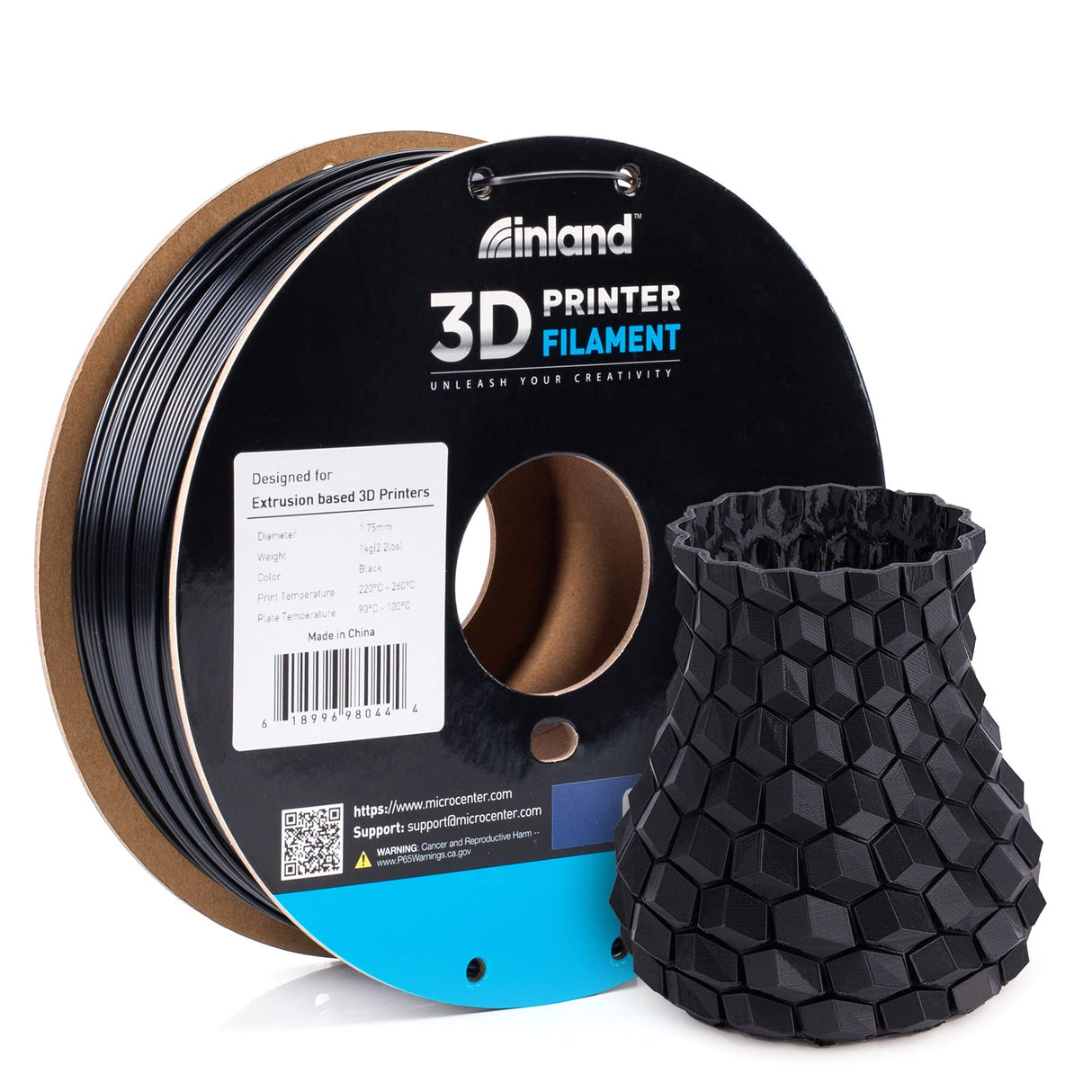 INLAND ABS Filament 1.75mm, ABS 3D Printing Filament, Dimensional Accuracy +/- 0.03 mm - 1kg Cardboard Spool (2.2 lbs) - Heat Resistant Black ABS Filament INLAND