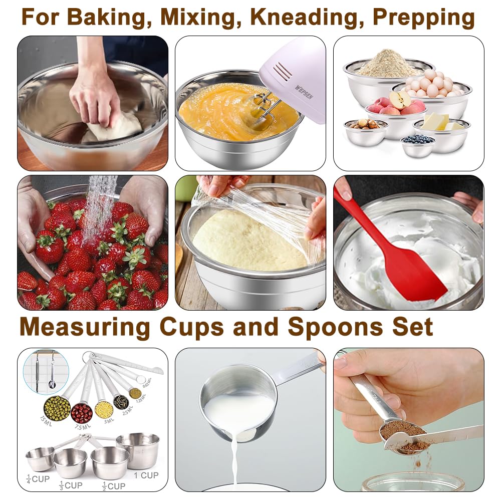 WEPSEN Hand Mixer Electric Mixing Bowls Set, 5 Speeds Handheld Mixer with 4 Nesting Stainless Steel Mixing Bowl, Measuring Cups Spoons 200W Kitchen Blender Whisk Beater Baking Supplies For Beginner WEPSEN