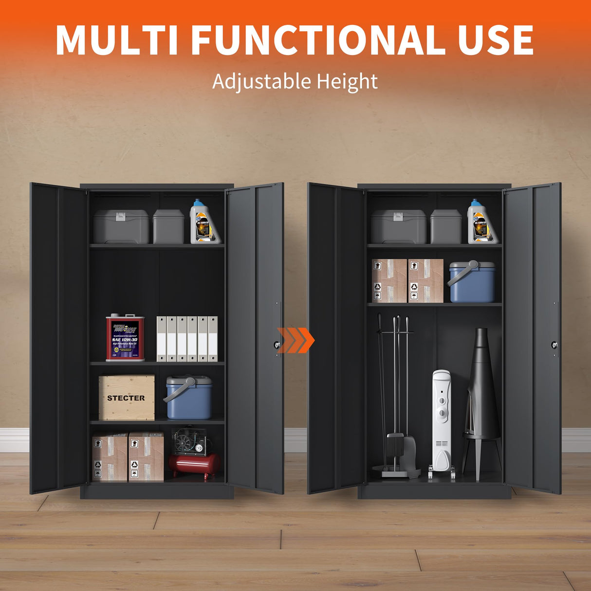 BIZOEIRON Metal Storage Cabinet with Adjustable Shelves, Garage Cabinet with 2 Lockable Doors for Office, Home, Garage, Require Assembly, Black BIZOEIRON