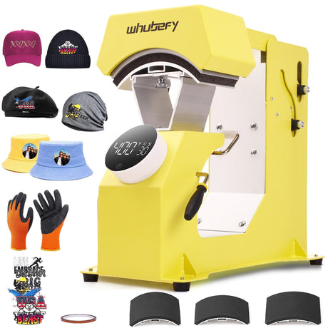 Whubefy 3-in-1 Auto Hat Heat Press Machine for Caps w/3pcs Interchangeable Platens, Automatic Release & Press, Knob-Style Digital Control for Hats T-Shirts Bags HTV and Sublimation Projects Whubefy