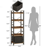 Rolanstar Bookshelf 5 Tier with Removable Drawer, Tall Narrow Bookcase, Industrial Wooden Display Shelves for Bedroom, Living Room, Office, Kitchen, Rustic Brown Rolanstar