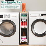 Slim Storage Cart 4 Tier Laundry Cart with Wheels, Narrow Metal Kitchen Rolling Carts Bathroom Organizers Storage Shelf with Wood Rack and Handle for Small Space XYZLVSI