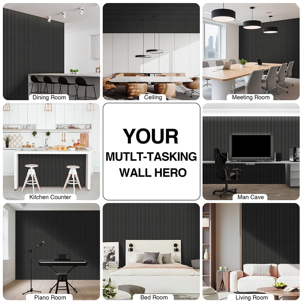 AKK-ART 2-Pack Wood Slat Wall Panel 47.2"x23.6"(15.5 sq ft)|Soundproof & Acoustic Wall Panels for Interior Decor & Ceiling|Wood Paneling Sheets for Home Theater & Living Room Mirage Black#22 AKK-ART