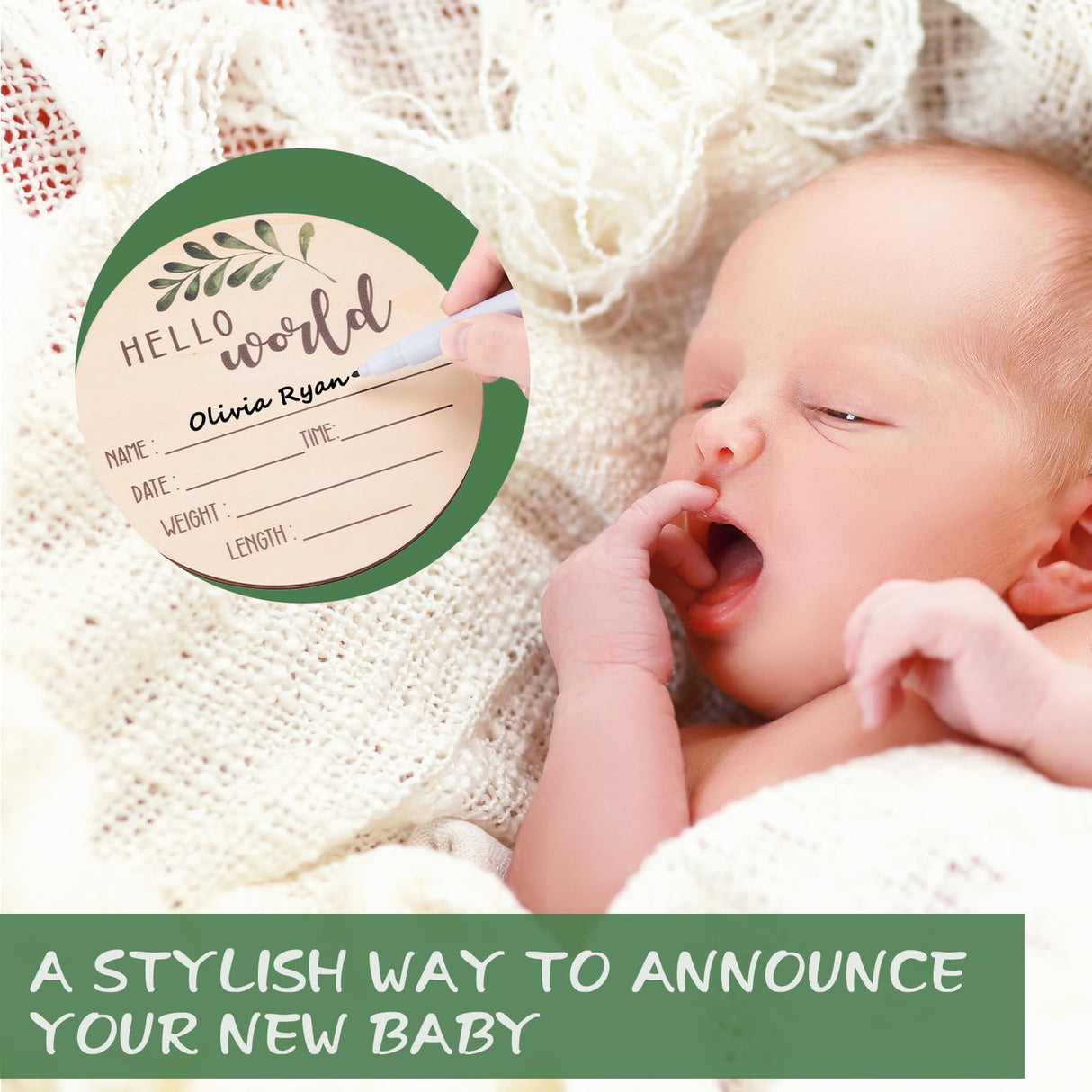 Baby Announcement Sign for Welcome Baby - Double-Sided Hello World Newborn Name Sign for Hospital with Marker and Stand, Wooden Birth Announcement Giftacity