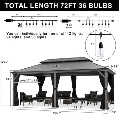 PURPLE LEAF Hardtop Gazebo with String Lights 12' x 20' Gazebo with Galvanized Steel Double Roof and Aluminum Frames Wind Resistance Large Pavilion Gazebo for Patio Deck Garden, Light Grey - WoodArtSupply