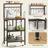 YATINEY Bakers Rack, 4-Tier Microwave Stand, Bakers Rack with Power Outlet, Kitchen Storage Rack with Wine Glass Holder and Paper Holder, for Kitchen, Dining Room, Living Room, Rustic Brown HB02UBR YATINEY