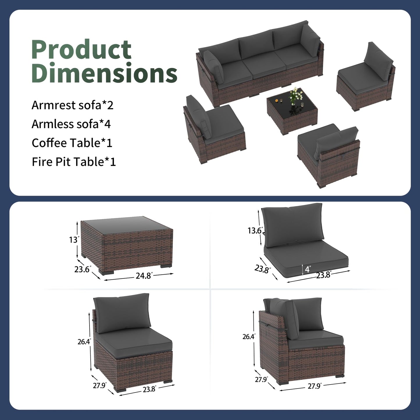 Amopatio 7 Pieces Patio Furniture Set, Outdoor Furniture Sectional Sofa Set with Slanted Back, Patio Couch with Glass Coffee Table for Backyard Dark Grey (1 Waterproof Cover) - WoodArtSupply