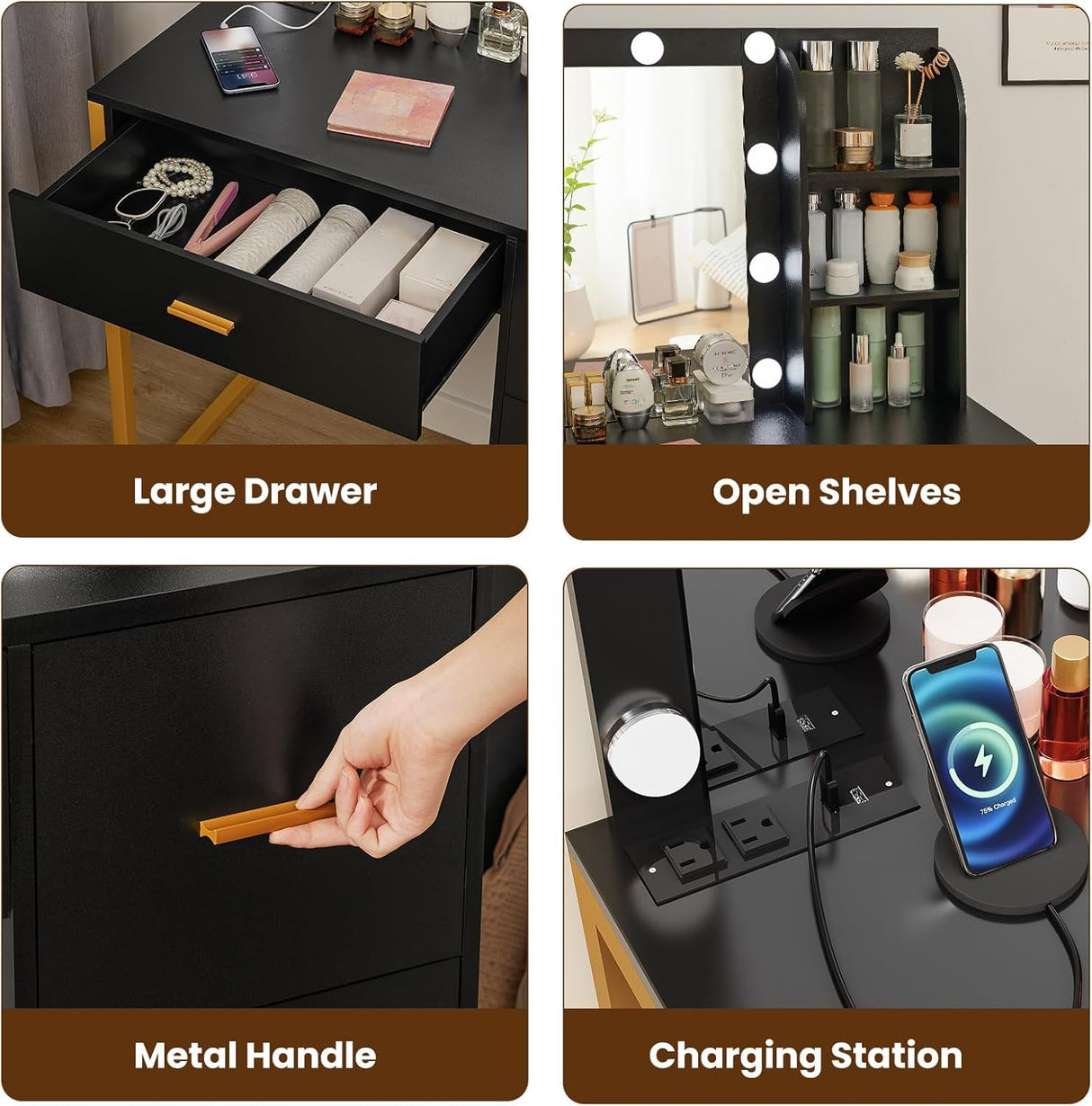 FIONESO Makeup Vanity Desk with Mirror & Lights, Vanity Desk with 4 Drawers & Charging Station, Dressing Vanity Table with Open Storage Shelves, 3 Color Modes, Vanity Table for Bedroom, Black FIONESO