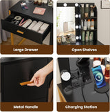 FIONESO Makeup Vanity Desk with Mirror & Lights, Vanity Desk with 4 Drawers & Charging Station, Dressing Vanity Table with Open Storage Shelves, 3 Color Modes, Vanity Table for Bedroom, Black FIONESO