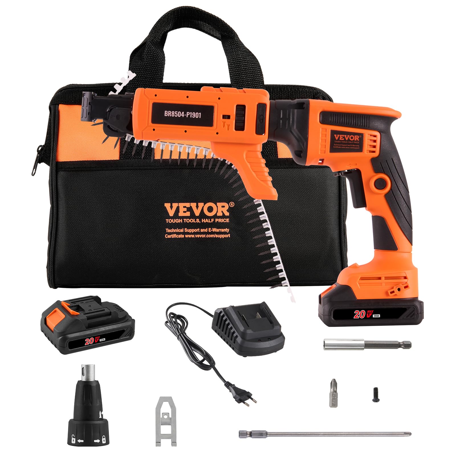 VEVOR Drywall Screw Gun Auto-Feed, 20V Max Collated Drywall Screwgun, 4200RPM Brushless Cordless Drywall Gun Kit with 2 Battery Packs, Charger, Belt Clip, Tool Bag, Screw Length and Depth Adj - WoodArtSupply