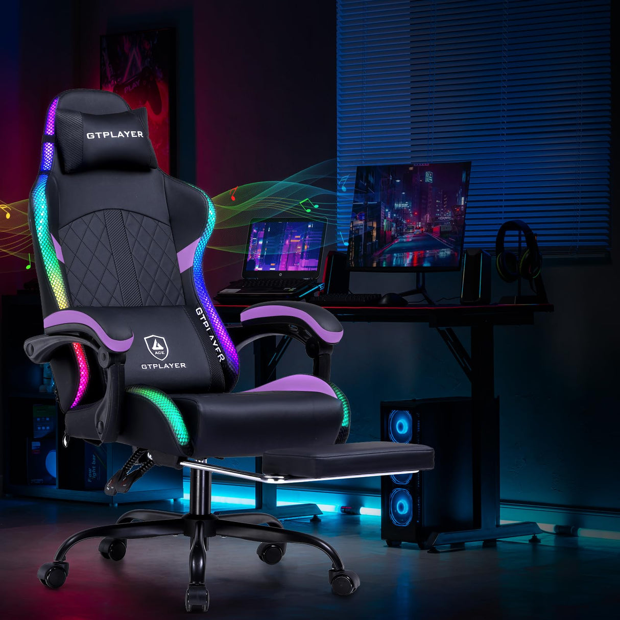GTPLAYER RGB Gaming Chair with Speakers, Computer Chair with Footrest and LED Lights, High Back Reclining Office Chair with Headrest, 360°Swivel Chair (Purple) GTPLAYER