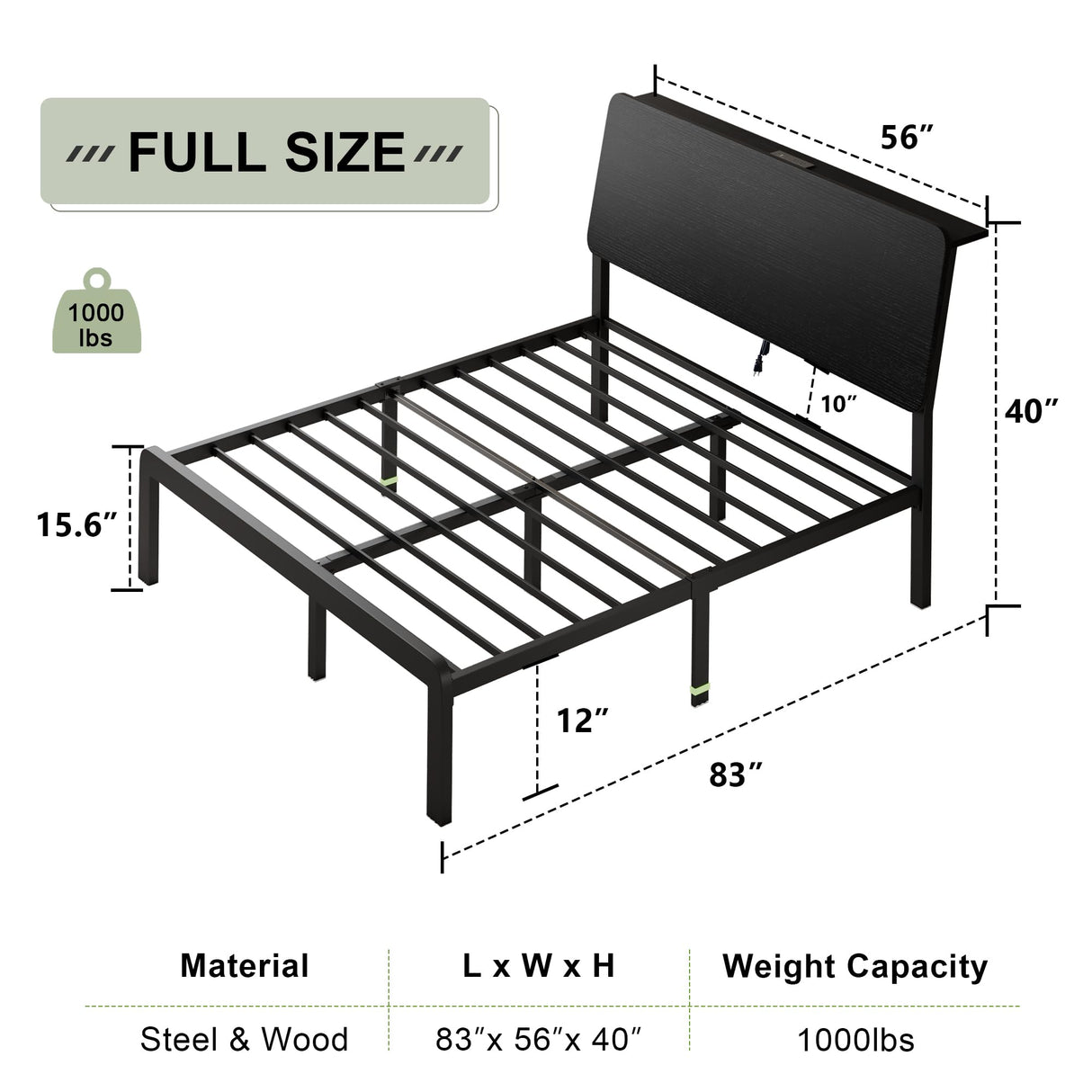 Feonase Full Size Bed Frame with Ergonomic Storage Headboard & Charging Station, LED Platform Bed Frame, Heavy Duty Metal Slats, No Box Spring Needed, Easy Assembly, Black Feonase