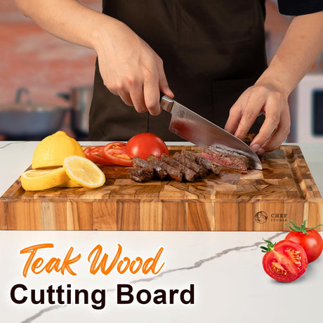 Chef Studio Large Teak Wood Cutting Board, End Grain Butcher Block Cutting Board For Kitchen, Big Wooden Kitchen Carving Chopping Boards, Juice Groove, Reversible, Hand Grips, Size 15.8x11x1.37 inch Chef Studio