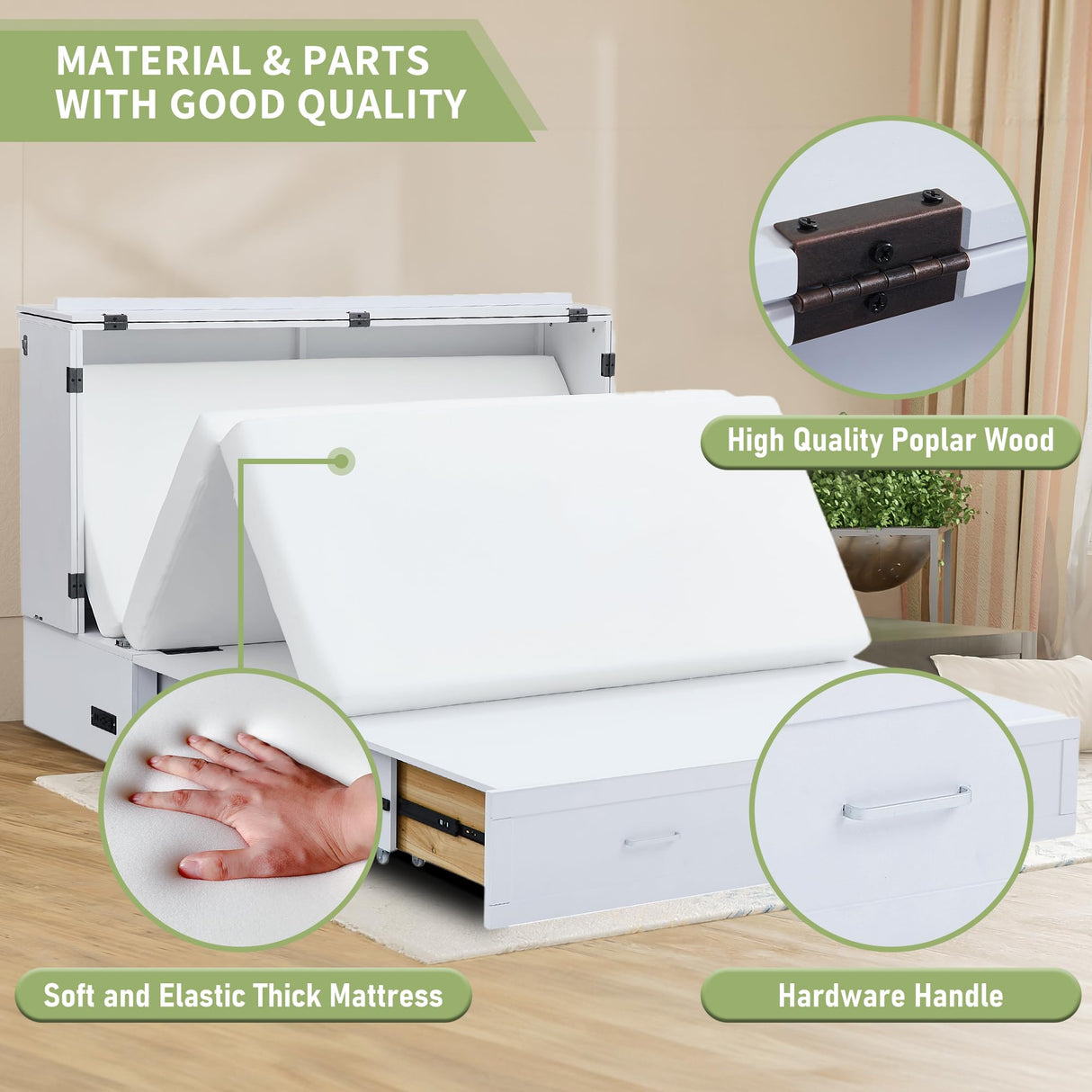 EDWINENE Queen Murphy Bed with Mattress Included, Murphy Bed Cabinet with Drawers and Charging Station for Small Spaces, Home Offices (Circular Pattern, White) EDWINENE