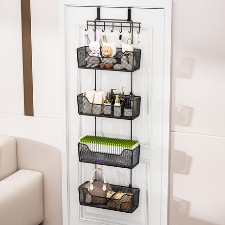 HapiRm Over The Door Organizer - Hanging Door Organizer with 4 Metal Large Capacity Baskets and Adjustable Coat Hook for Bathroom Bedroom Kitchen Pantry Closet Cabinet HapiRm