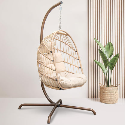 RADIATA Foldable Wicker Rattan Hanging Egg Chair with Stand, Swing Chair with Cushion and Pillow, Lounging Chair for Indoor Outdoor Bedroom Patio Garden (Beige with Stand)