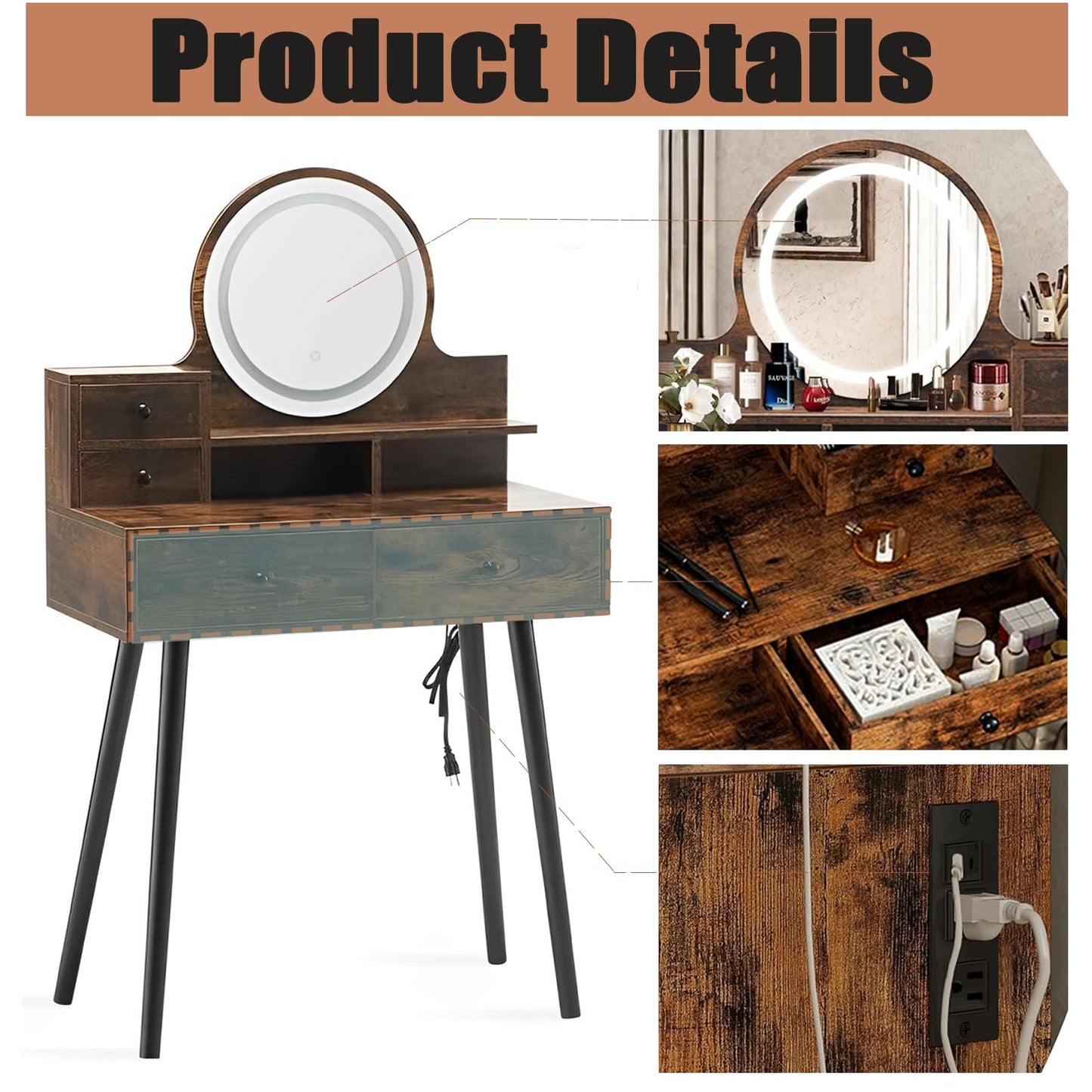 walkclpck Vanity Desk with Mirror and Lights, Makeup Vanity with 4 Drawers Small Vanity with 3 Storage Shelves, Wood Vanity for Bedroom Dressing Room Makeup Studio, Brown