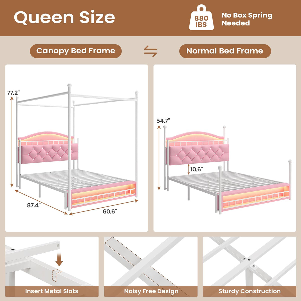 ADORNEVE Queen Canopy Bed Frame with LED Lights and Charging Station, Velvet Upholstered Platform Bed for Girls,Headboard with Charging Station & Guardrail & Crystal Button,Pink ADORNEVE
