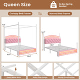 ADORNEVE Queen Canopy Bed Frame with LED Lights and Charging Station, Velvet Upholstered Platform Bed for Girls,Headboard with Charging Station & Guardrail & Crystal Button,Pink ADORNEVE