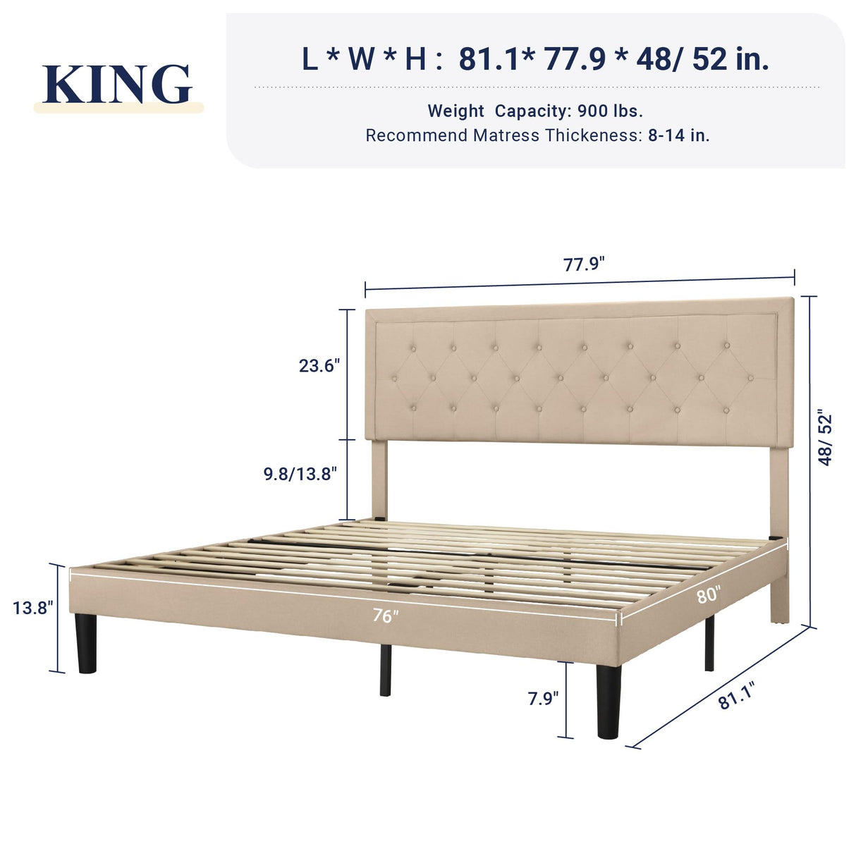 Allewie King Size Fabric Upholstered Bed Frame with Diamond Button Tufted/Adjustable Headboard/Wood Slat Support/Mattress Foundation/Beige Allewie