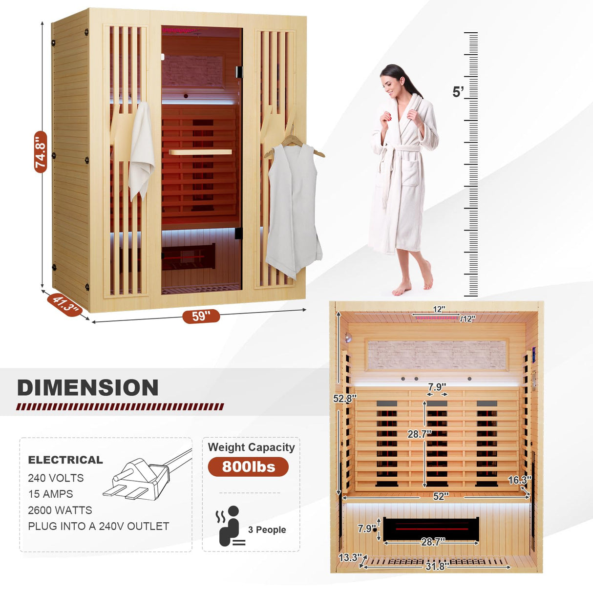 MEISSALIVVE Full Spectrum Sauna for Home,2~3 Person Indoor Infrared Sauna Room with 10 Minutes Warm-up Heate,Canadian Hemlock Wood Home Infrared Sauna with Bluetooth. and Tempered Glass MEISSALIVVE
