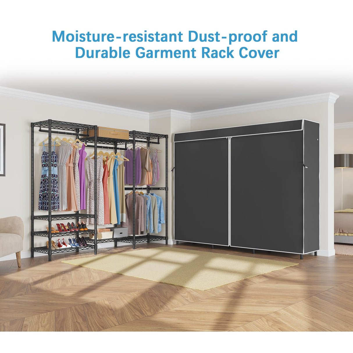 VIPEK V5C Heavy Duty Covered Clothes Rack Portable Bedroom Armoires Rack, Black Metal Clothing Rack with Black Cover, Adjustable Custom Freestanding Closet Wardrobe, Max Load 890LBS VIPEK