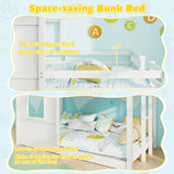 Giantex House Bunk Bed Twin Over Twin, Solid Wood Floor Bunk Bed with Built in Ladder, Window & Safety Guardrail, Wooden Kids Low Bunk Beds for Teens Boys & Girls, No Box Spring Needed, White Giantex
