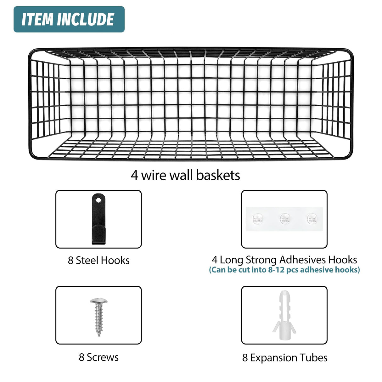 4 Set [EXTRA LARGE] Hanging Wall Mount Storage Baskets with Adhesive Hooks & Steel Hooks, Multiuse Sturdy Wire Metal Organizing Baskets for Home Kitchen Bathroom Pantry Utility Organizer, Black AOZITA