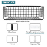 4 Set [EXTRA LARGE] Hanging Wall Mount Storage Baskets with Adhesive Hooks & Steel Hooks, Multiuse Sturdy Wire Metal Organizing Baskets for Home Kitchen Bathroom Pantry Utility Organizer, Black AOZITA