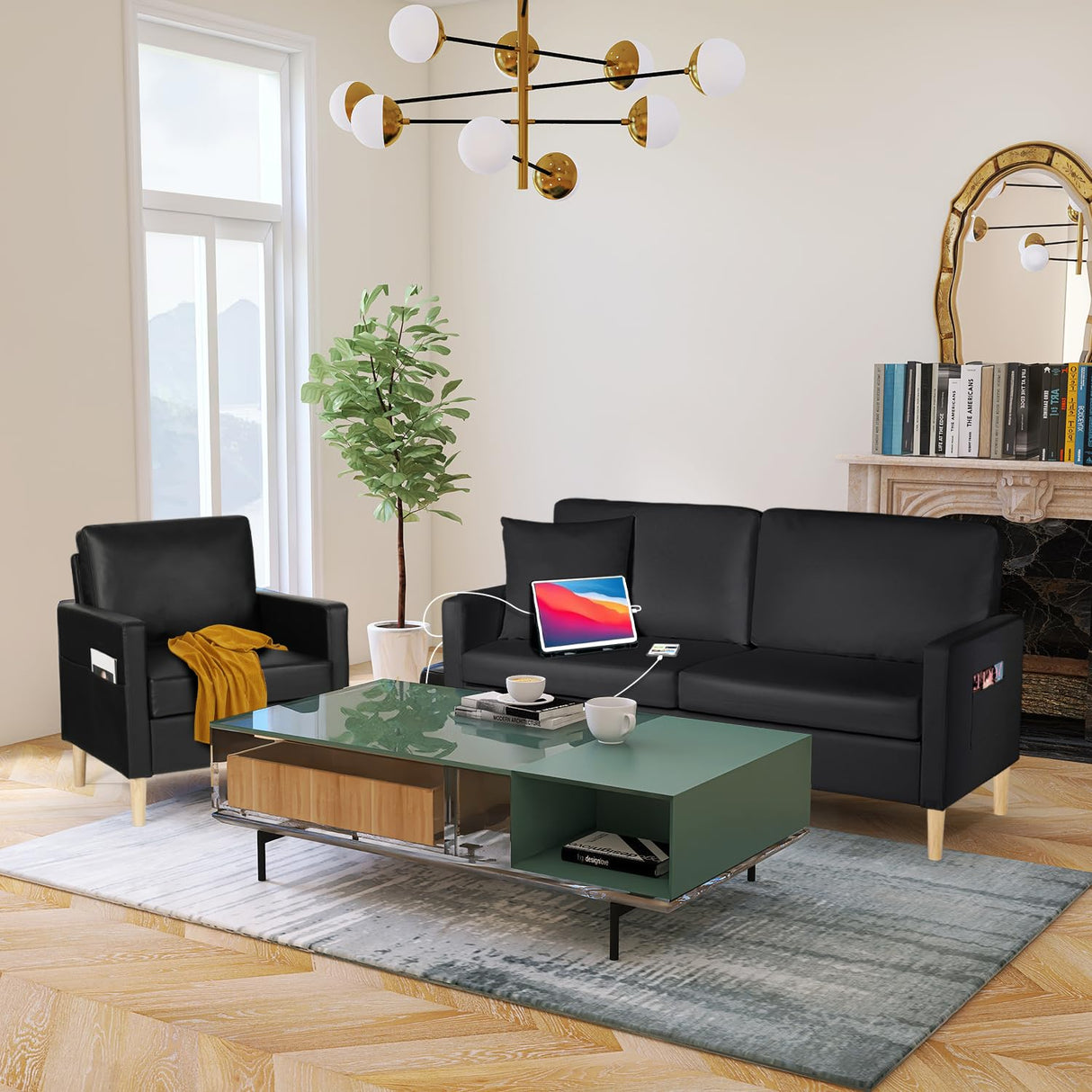 TYBOATLE 66" Sofa Couches Set of 2, Black Leather Loveseat w/ 2 USB Charging Ports & Pillow, Modern Love Seats and Armchair, Small 2 Seater Couch for Living Room, Small Spaces, Office, Bedroom TYBOATLE