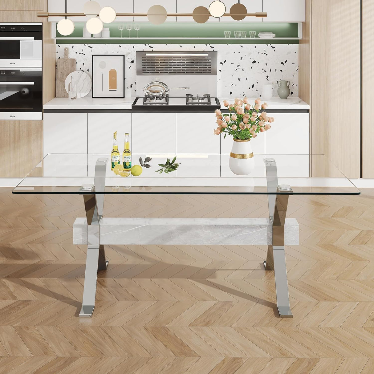 Glass Dining Table for 8-10 Person, 79 inch Modern Dining Room Table with Silver Metal XX-Base, Rectangular Tempered Glass Top Dining Table, Large Dining Table Pedestal Luxury Table for Dining Room Mcltopz