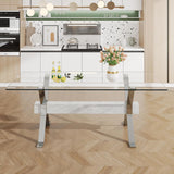 Glass Dining Table for 8-10 Person, 79 inch Modern Dining Room Table with Silver Metal XX-Base, Rectangular Tempered Glass Top Dining Table, Large Dining Table Pedestal Luxury Table for Dining Room Mcltopz