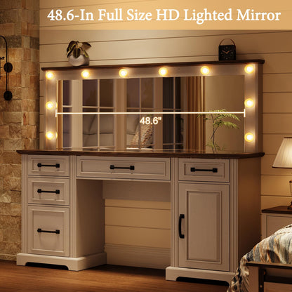 YUMPIE 55" Farmhouse Vanity Desk with Large Mirror & Lights, Glass Top Large Makeup Vanity Table with 10 Hollywood Lights Bulbs, Charging Station, 5 Drawers, Dressing Table for Bedroom, Rustic White