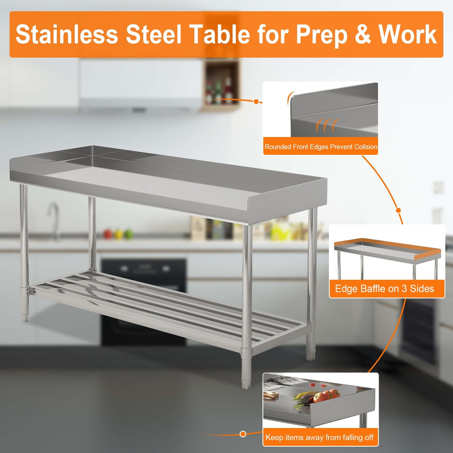 24 x 48 Inches Stainless Steel Work Table with Backsplash for Prep & Work, Folding NSF Heavy Duty Commercial Food Prep Worktable with Adjustable Undershelf for Kitchen Prep Work