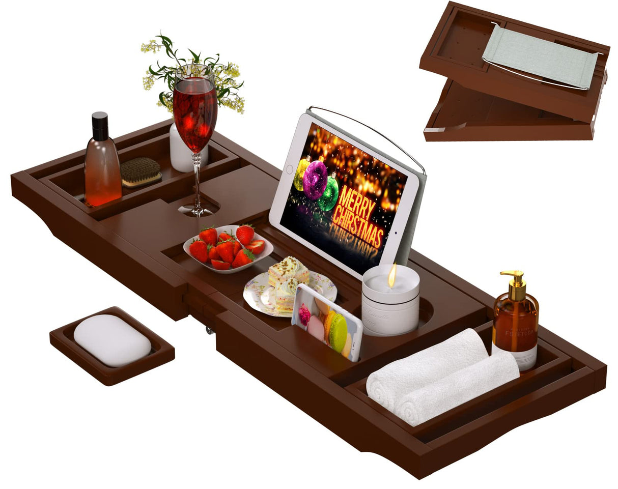Bathtub Caddy Tray for Tub, Foldable Bamboo Bath Table Tray with Book and Wine Glass Holder, Expandable Bathroom Accessories with Free Soap Dish Suitable for Luxury Spa or Reading, Brown Artmalle