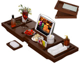 Bathtub Caddy Tray for Tub, Foldable Bamboo Bath Table Tray with Book and Wine Glass Holder, Expandable Bathroom Accessories with Free Soap Dish Suitable for Luxury Spa or Reading, Brown Artmalle