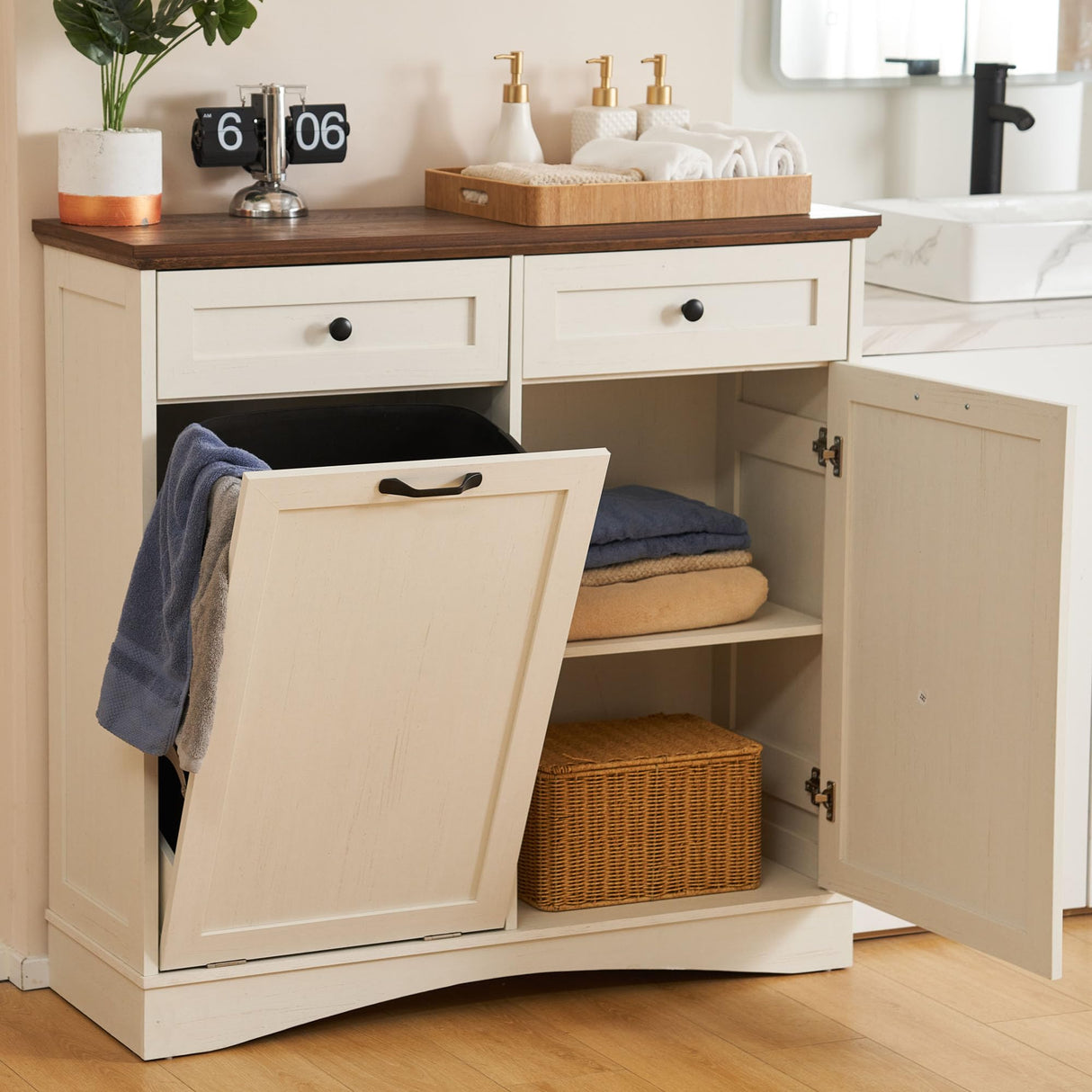 AHB 13 Gallon Tilt Out Trash Cabinet Free Standing Trash Bin Holder Recycling Cabinet with Hideaway Drawers, Pet Proof Garbage Can Cabinet for Kitchen Living Room, White AHB