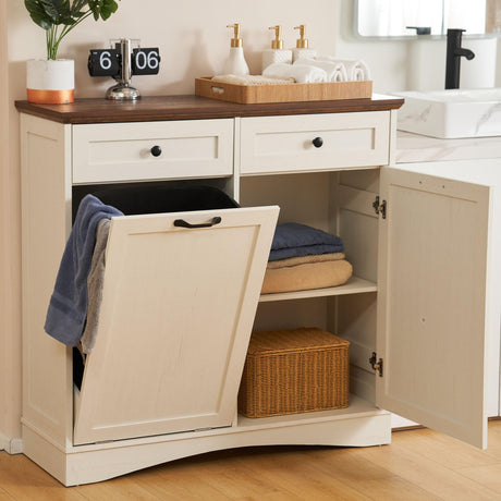 AHB 13 Gallon Tilt Out Trash Cabinet Free Standing Trash Bin Holder Recycling Cabinet with Hideaway Drawers, Pet Proof Garbage Can Cabinet for Kitchen Living Room, White AHB