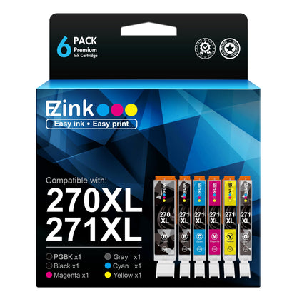 E-Z Ink Compatible Ink Cartridge Replacement for Canon PGI-270XL CLI-271XL PGI 270 use with TS9020 TS8020 MG7720 Printer (1 Large Black, 1 Small Black, 1 Cyan, 1 Magenta, 1 Yellow, 1 Gray) 6 Pack