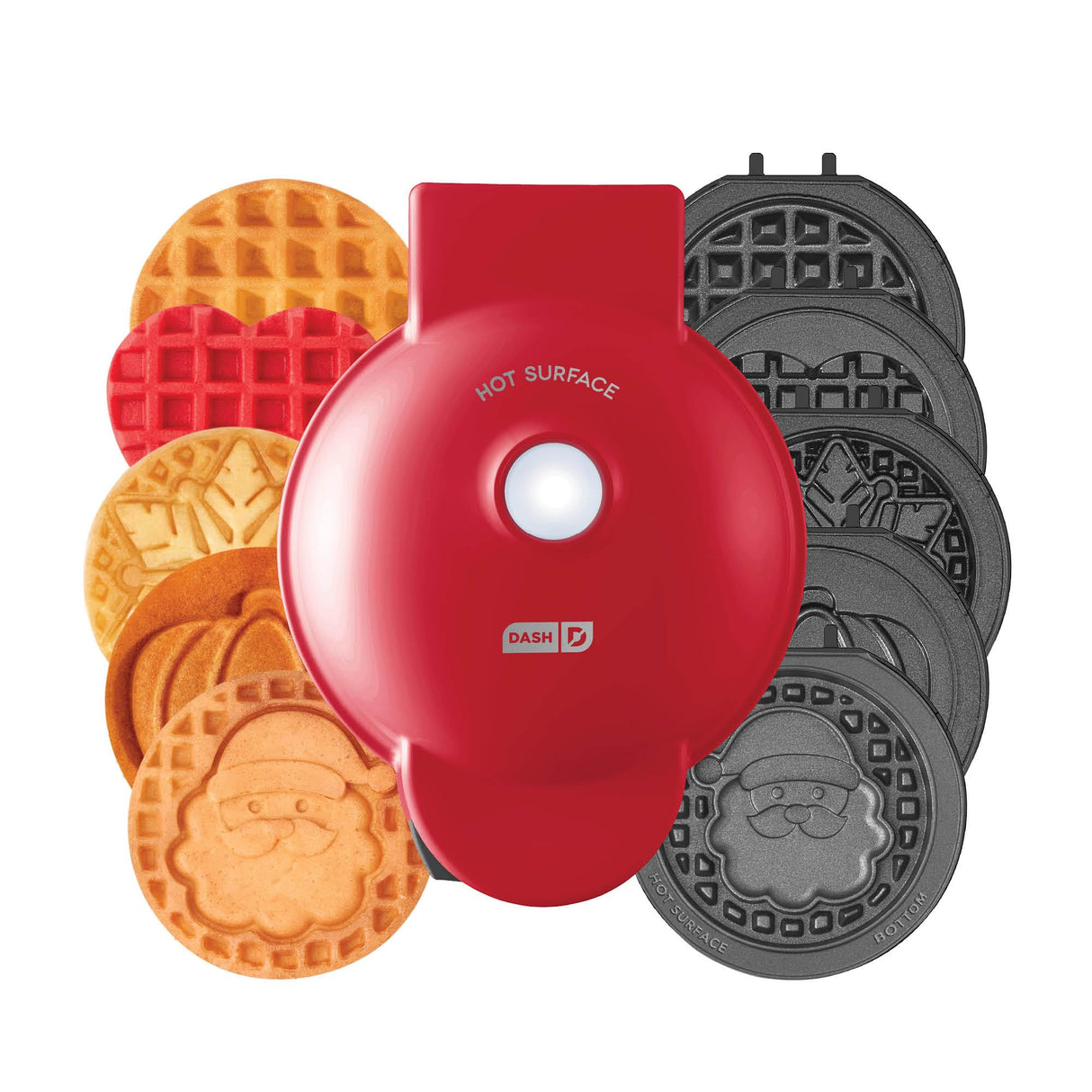 DASH Holiday Multimaker Mini System - Waffle Maker with Six 4” Removable Holiday Plates: Waffle Iron & Griddle, 4-in-1 Mini Waffle Maker for Kids and Families – Nonstick Surface, Santa Waffle (Red) DASH