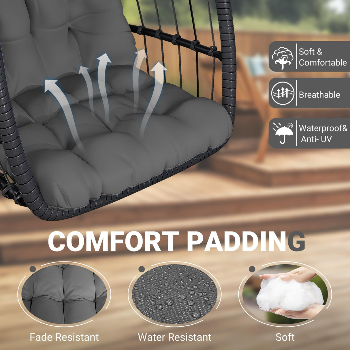 LEVELEVE Egg Chair with Stand,Patio Rattan Wicker Hanging Swing Egg Chair Hammock Chair for Bedroom Porch Garden,Thickened Aluminum Alloy Steel Frame and UV Resistant Cushion,350LBS Capacity(Grey) LEVELEVE