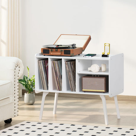 Lerliuo Record Player Stand with 4 Cabinet Holds Up to 220 Albums, Large Turntable Stand with Beech Wood Legs, Mid-Century Record Player Table,White Vinyl Holder Storage Shelf for Bedroom Living Room Lerliuo